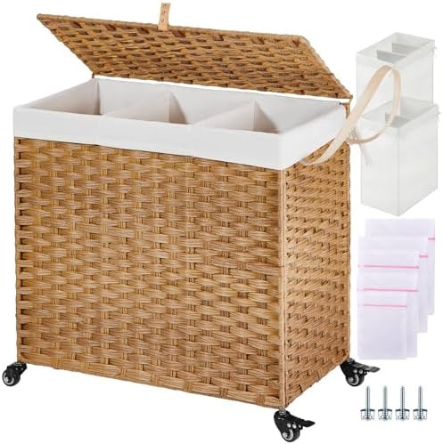Greenstell Laundry Hamper with Wheels&Lid, 130L Large 3 Sections Clothes Hamper with 2 Types Remo... | Amazon (US)