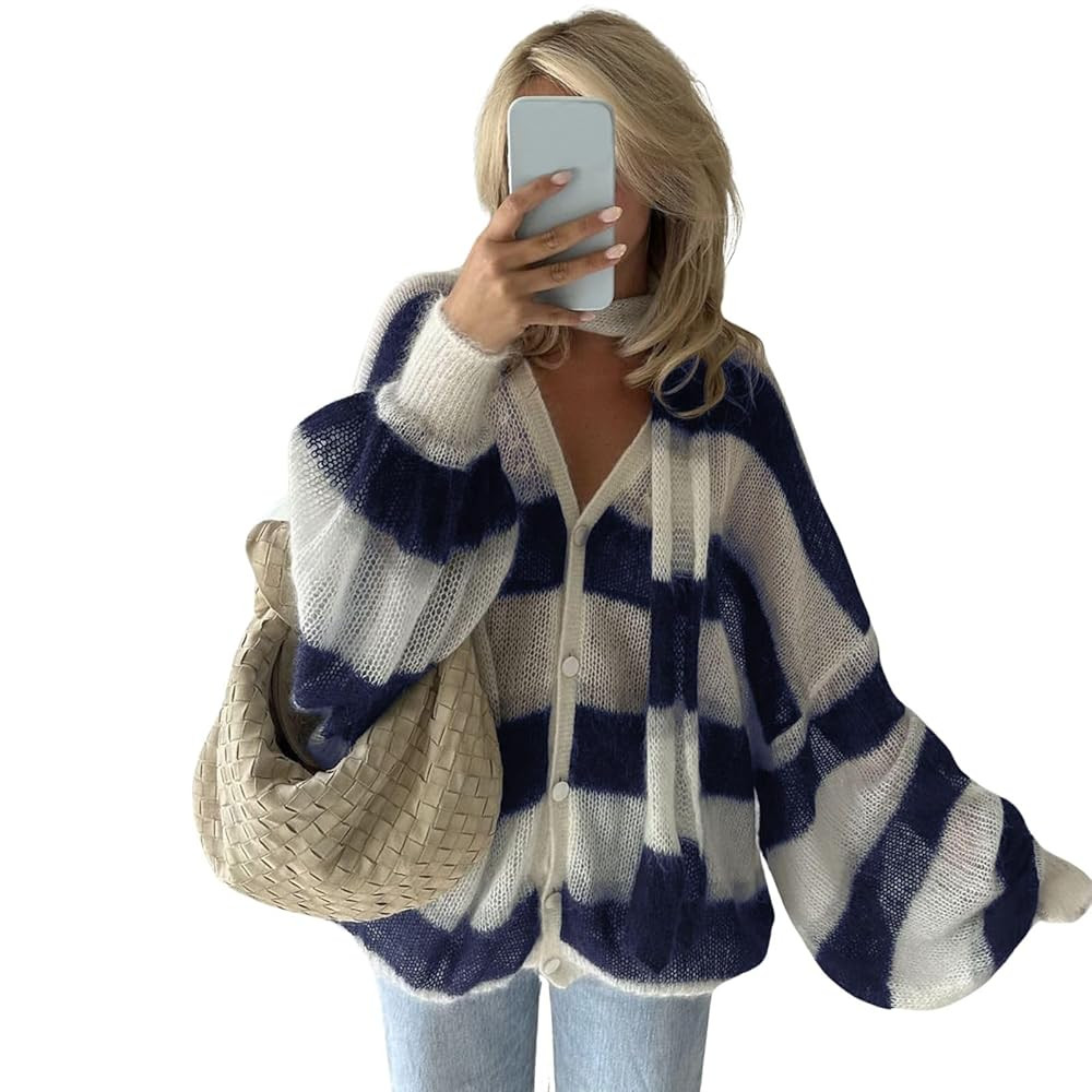 Women V Neck Striped Color Block Knit Cardigan Long Lantern Sleeve Oversized Button Down Sweater ... | Amazon (US)