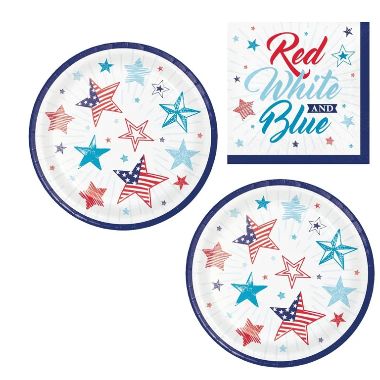 Patriotic Party Supplies Red White and Blue Dessert Plates and Paper Plates for 16 | Walmart (US)