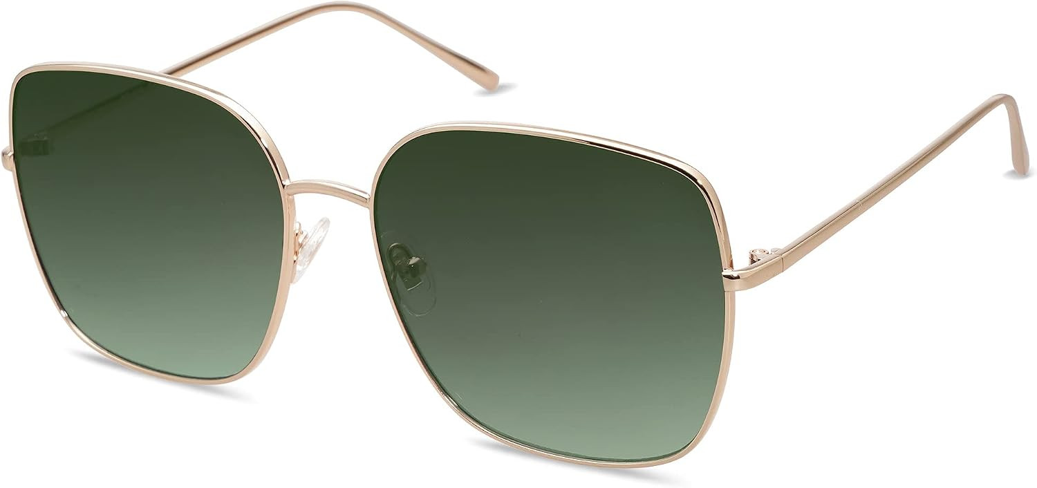 SOJOS Trendy Oversized Square Metal Frame Sunglasses for Women Men Flat Mirrored Lens UV Protection Sunglasses SJ1146 with Shiny Gold Frame/Greyish-Green Lens | Amazon (US)