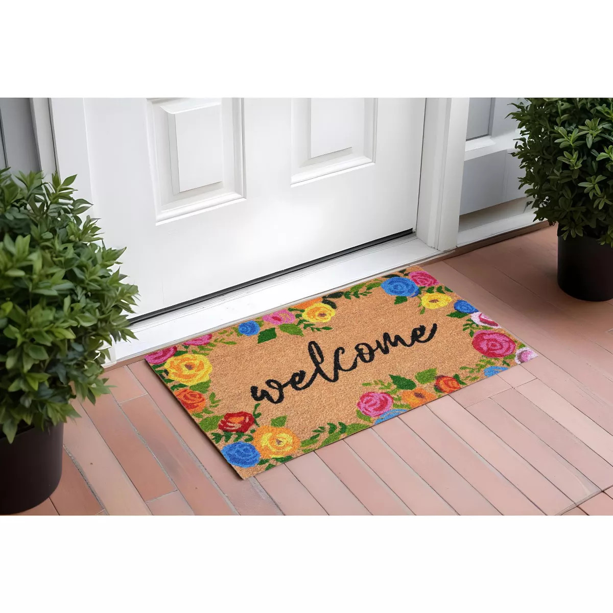 HomeRoots 24" X 36" Natural and Black Coir Floral Welcome Outdoor Door Mat | Target