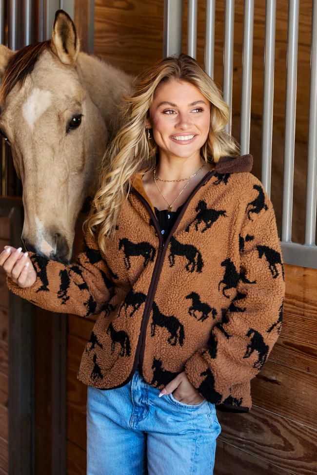 Liberty Brown Horse Sherpa Zip Up Jacket | Pink Lily