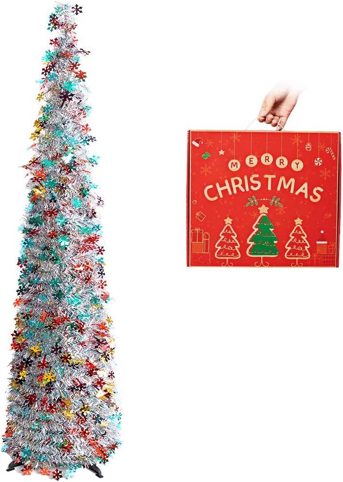 N&T NIETING Christmas Tree, 5ft Collapsible Pop Up Silver Tinsel Christmas Tree Coastal Christmas... | Amazon (US)