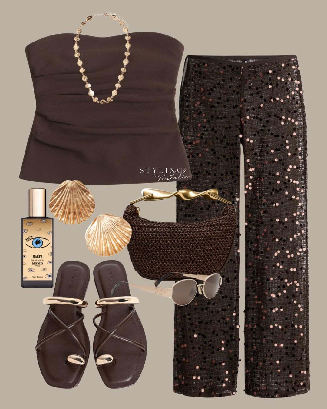Sunset sequins 🤎✨
Chocolate brown Strapless ruched bandeau top, sequin sheer wide-leg trousers, gold sea shell jewelry, strappy sandals with metal details, and a textured woven bag featuring a gold handle & l sleek sunnies for golden-hour glamour. 
Vacation outfit, beach club, club wear #ResortGlam festival #EveningElegance #Sequins

#LTKAroundTheWorld #LTKfestival #LTKsummer