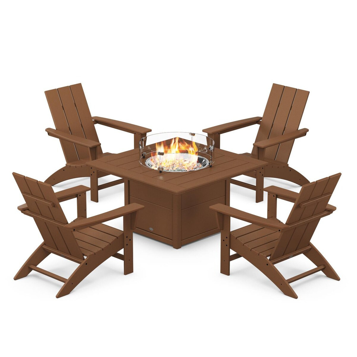 POLYWOOD Modern Adirondack 5 Pc Recycled Plastic Fire Pit Seating Set in Teak by - PWS708-1-TE | BBQ Guys