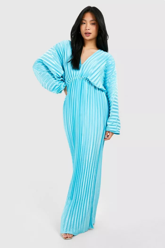 Petite Satin Plisse Plunge Batwing Maxi Dress | boohoo (US & Canada)