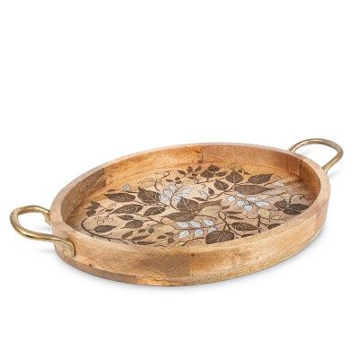Mango Wood with Laser and Metal Inlay Leaf Design Oval Tray with Gold-tone Handles. | Target