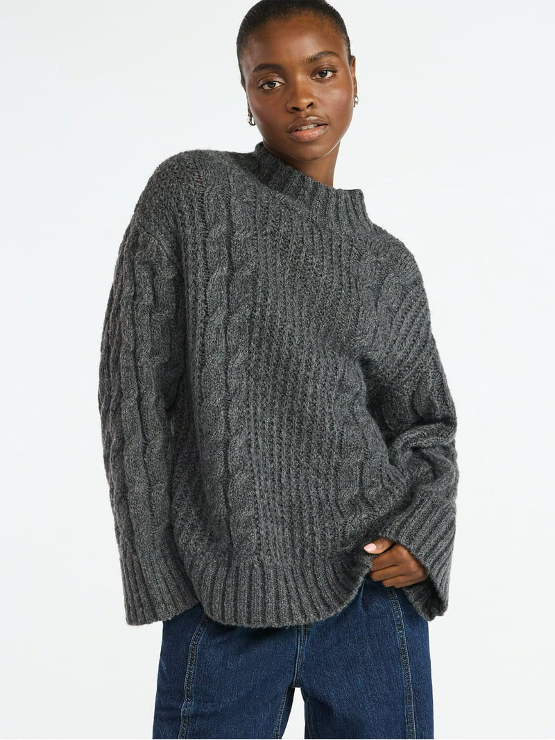 Scoop Women’s Oversized Cable Knit Sweater, Midweight, Size XS-XXL | Walmart (US)