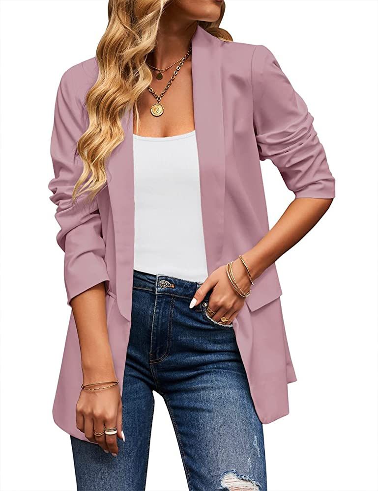 Vetinee Women's Casual Open Front Blazer Suit Pockets Work Office Cardigan Jacket | Amazon (US)