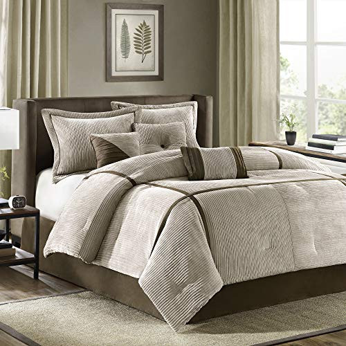 Madison Park Cozy Comforter Set Casual Blocks Design All Season, Matching Bed Skirt, Decorative Pillows, King(104"x92"), Dallas Corduroy, Taupe Brown, 7 Piece | Amazon (US)