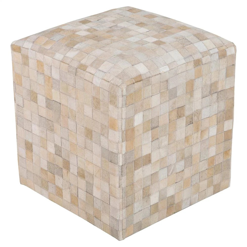 Lola Modern Classic Patched Beige Hair On Hide Leather Sqaure Pouf | Kathy Kuo Home