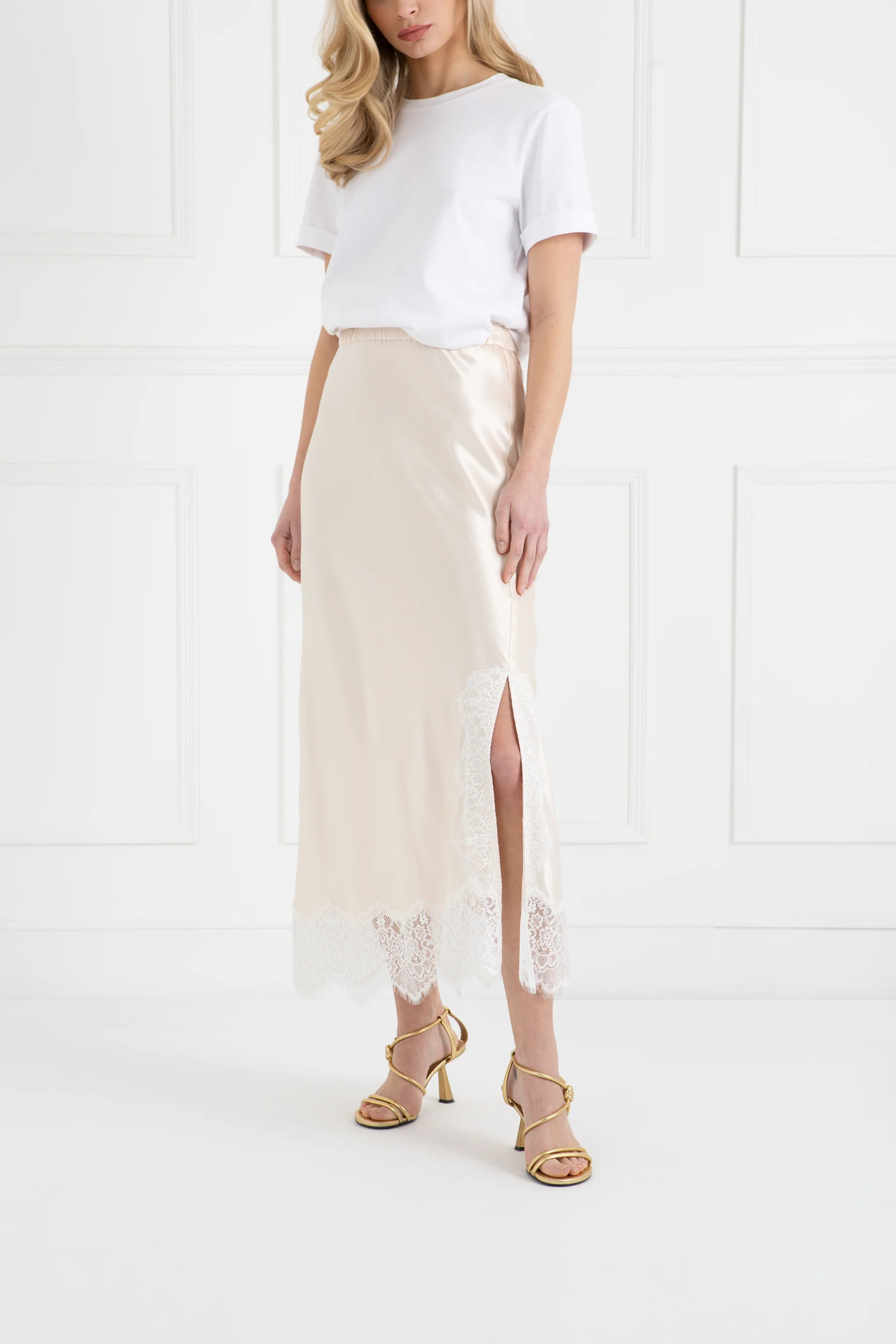 The Orla | Cream Satin Lace Midi Skirt | Sinead Keary