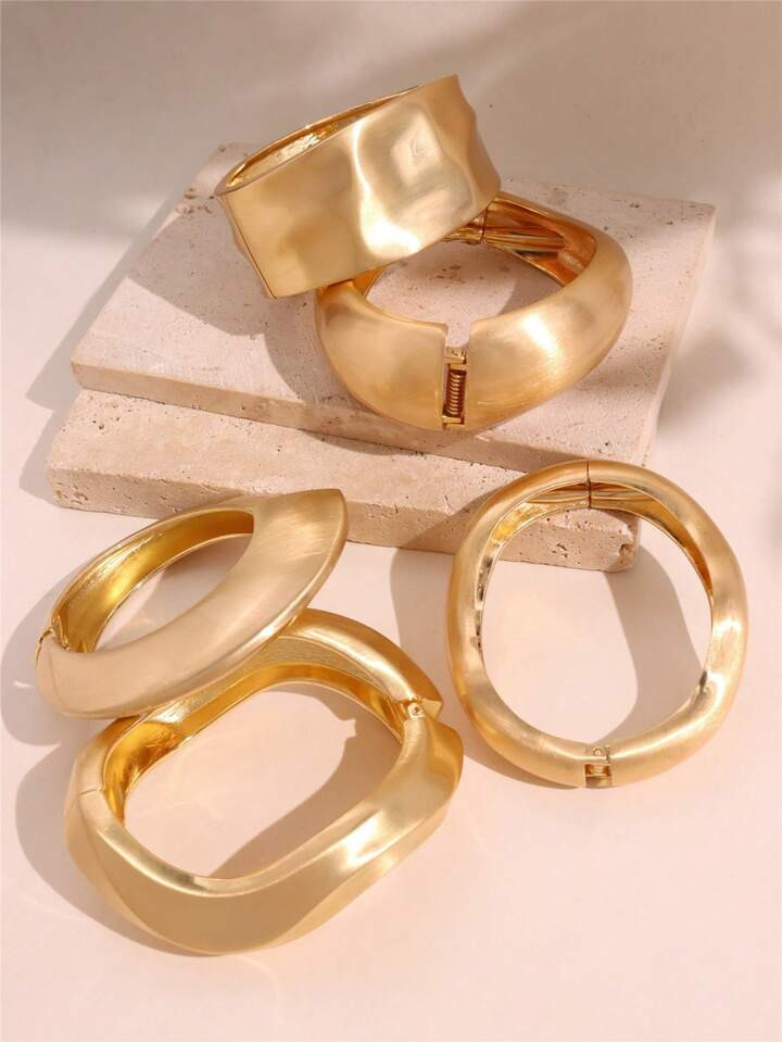Chunky Heavy Wide Metal Geometric Bangles For Women Gold Color Matte Open Cuff Thick Irregular Wa... | SHEIN