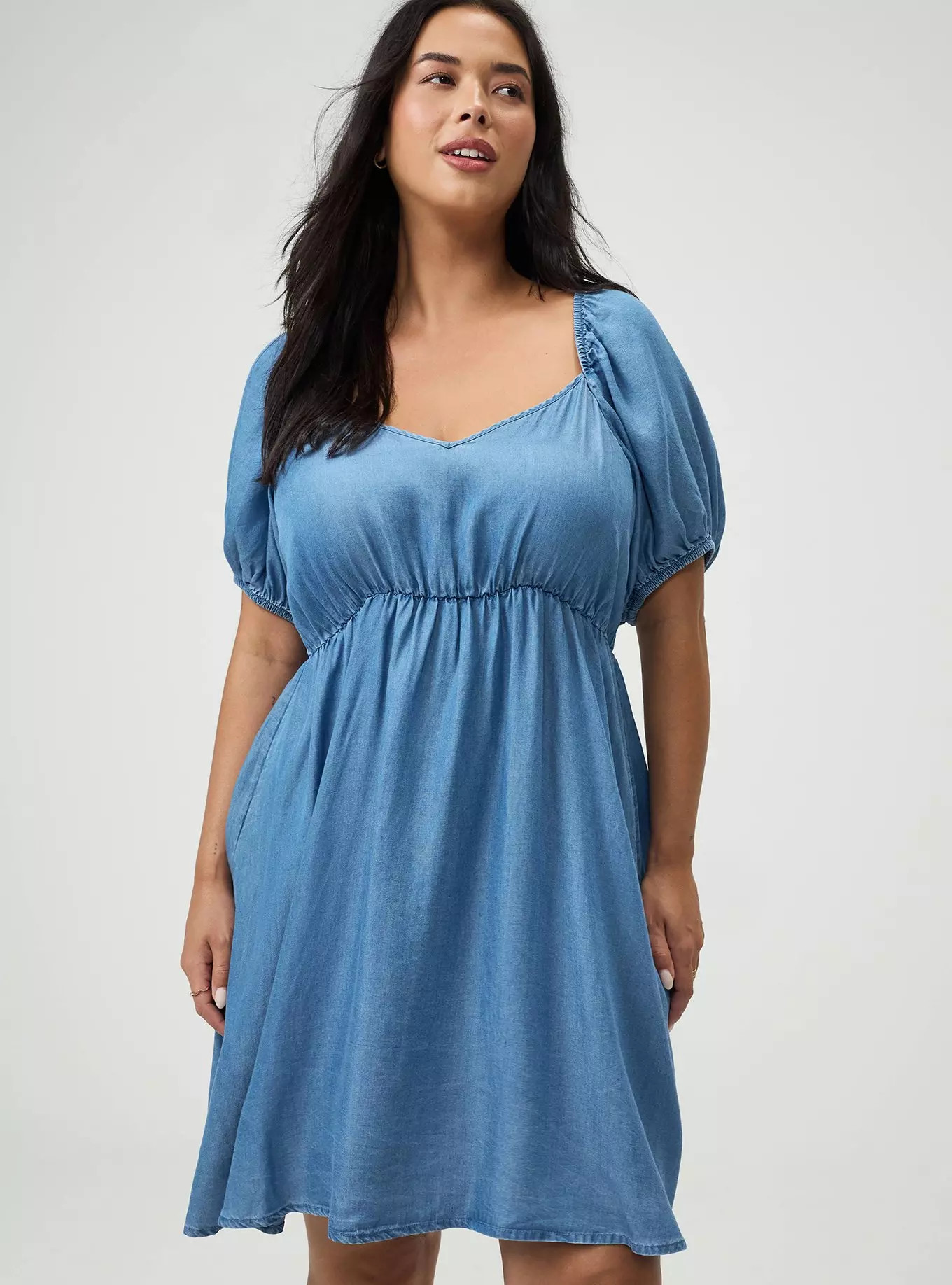 Chambray Puff Sleeve Mini Dress | Torrid (US & Canada)
