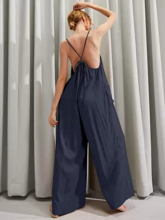 Solid Tie Backless Wide Leg Cami Jumpsuit | SHEIN