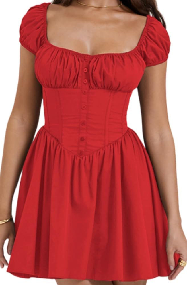 Women's Casual Party Mini Dress Elegant Square Neck Color Block Summer Babydoll High Waist Dress ... | Amazon (US)