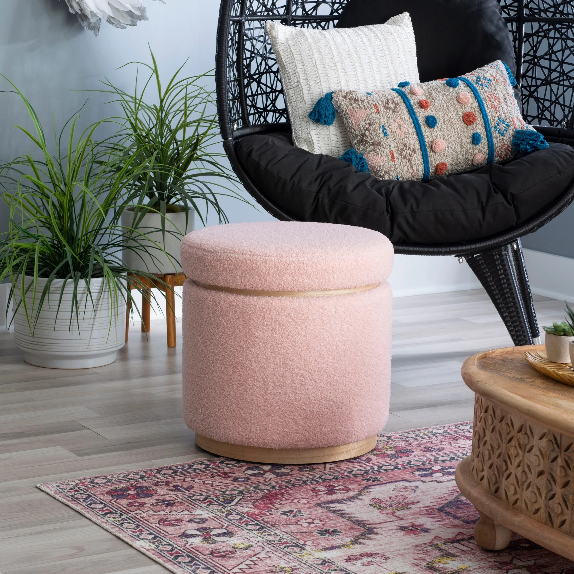 Linon Primrose Storage Ottoman Stool, Natural Finish with Blush Sherpa Fabric | Walmart (US)