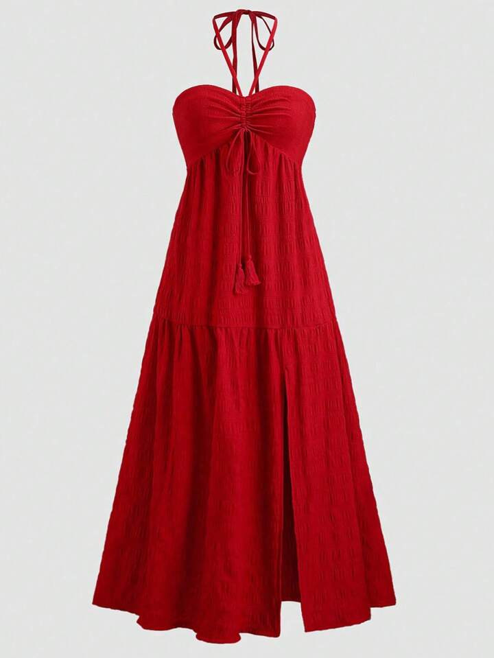 Sweetra Plus Size Summer Casual Solid Color Open Back Spaghetti Strap Dress | SHEIN