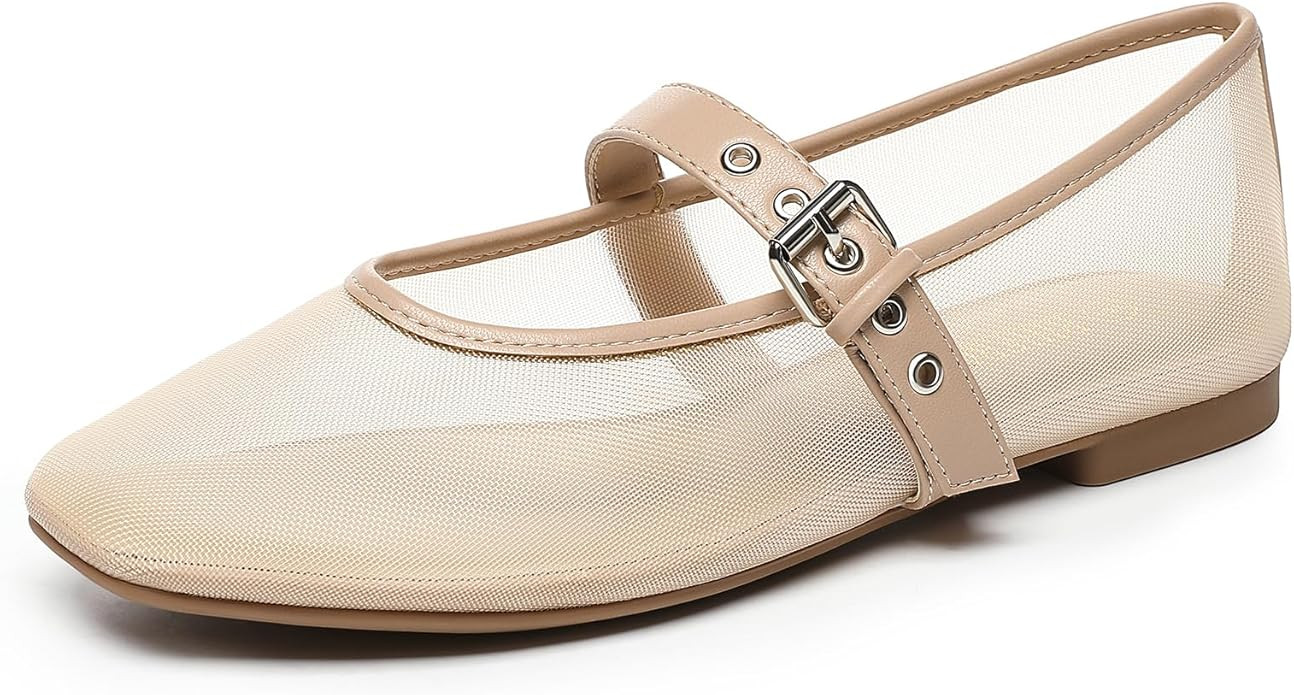 Rihero Mesh Ballet Flats for Women Square Toe Mary Jane Flats Comfortable Casual Ballerina Shoes | Amazon (US)