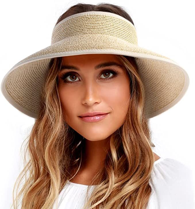 FURTALK Sun Visor Hats for Women Wide Brim Straw Roll Up Ponytail Summer Beach Hat UV UPF Packabl... | Amazon (US)