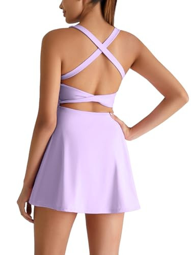 IFFEI Women's Tennis Dress with Built in Bra and Shorts Pocket Open Back Twisted Athletic Workout Golf Dresses S Purple | Amazon (US)