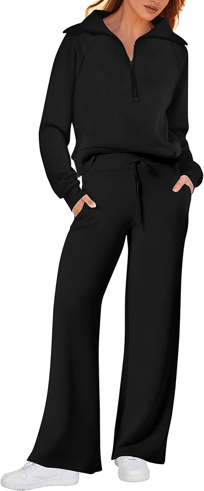 PRETTYGARDEN Women's 2 Piece Outfits Casual Lapel Half Zip Sweatshirts And Wide Leg Pants Tracksuit  | Amazon (US)