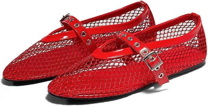 Coutgo Womens Mesh Ballet Flats Mary Jane Fishnet Ballerina Buckle Strap Comfortable Causal Dress... | Amazon (US)