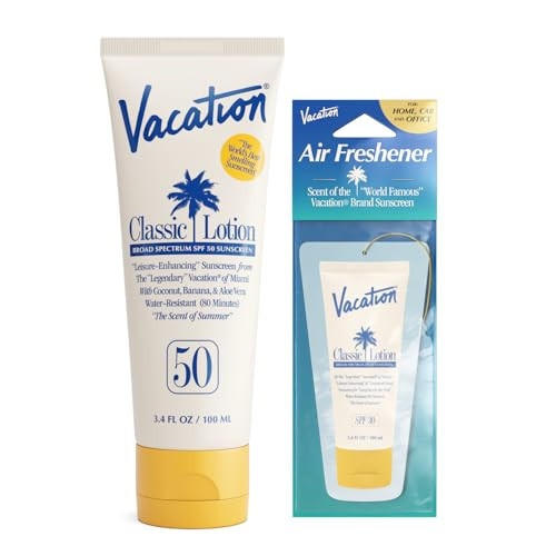 Vacation Classic Sunscreen Lotion SPF 50 & Air Freshener Bundle, Water-Resistant, Lightweight, Transparent on All Skin Tones, Dermatologist-Tested, Vegan, Travel Size, 3.4 Fl. Oz. | Amazon (US)