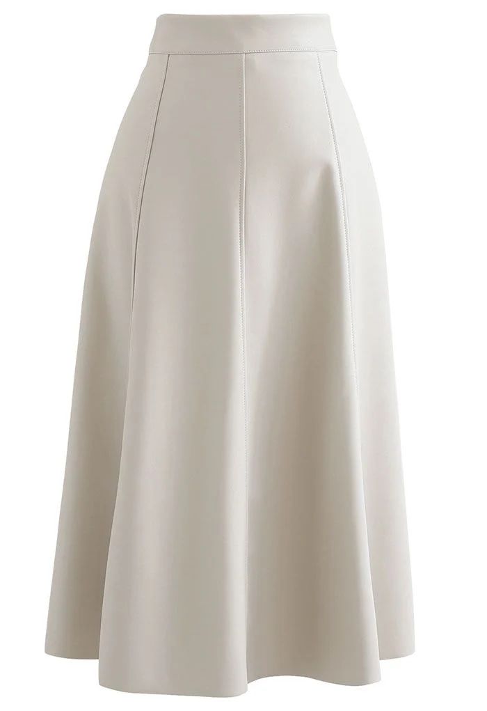 Soft Faux Leather Seamed A-Line Skirt in Ivory | Chicwish