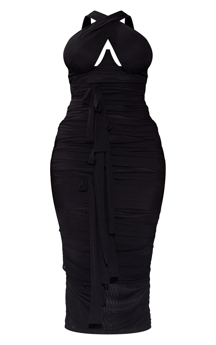 Shape Black Mesh Wrap Neck Tie Detail Midaxi Dress | PrettyLittleThing US