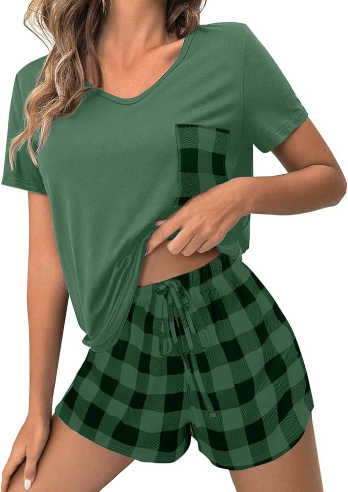 JUSTFASHIONNOW Pajamas for Women Shorts Set V Neck Casual Summer Lounge Sets Loungewear Sleepwear... | Amazon (US)