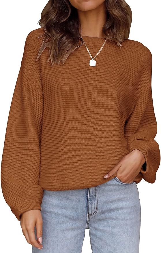 ZESICA Women's 2023 Crew Neck Long Lantern Sleeve Casual Loose Ribbed Knit Solid Soft Pullover Sw... | Amazon (US)