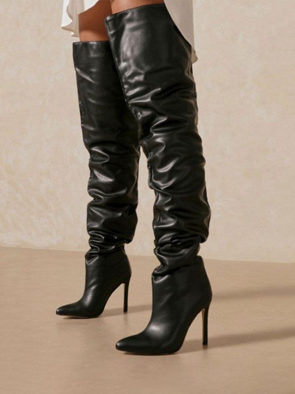 Women's Slouch Boots Pointy Toe Stiletto Heel Wide Thigh High Boots | Milanoo