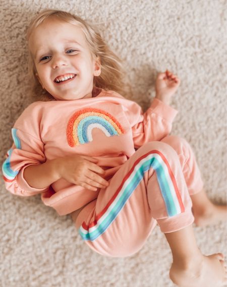 Cutest 🌈 toddler girl sweatpants set! Cosette sized down because it runs large. 

#LTKfamily #LTKbaby #LTKkids