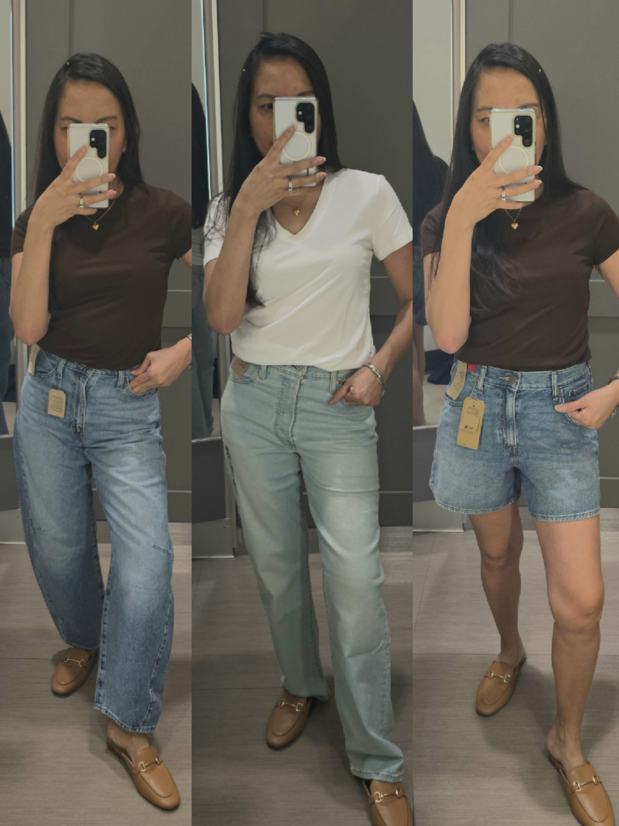 Spring denim style, barrel jeans, straight leg jeans, mid rise shorts

