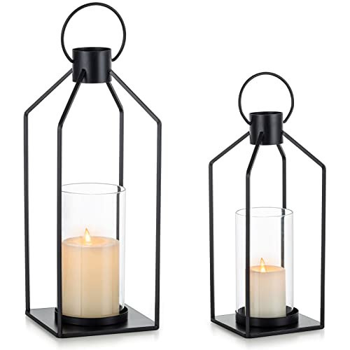 Nuptio Decorative Lantern Candle Holder: 2 Pcs Glass Hurricane Pillar Candles Holders Rustic Black Metal Hanging Lanterns Decor for Outdoor Wedding Farmhouse Home Fireplace Christmas Halloween | Amazon (US)