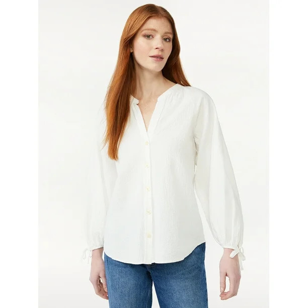 Free Assembly Women's Gathered Button Down Top with 3/4-Length Tie Sleeves | Walmart (US)