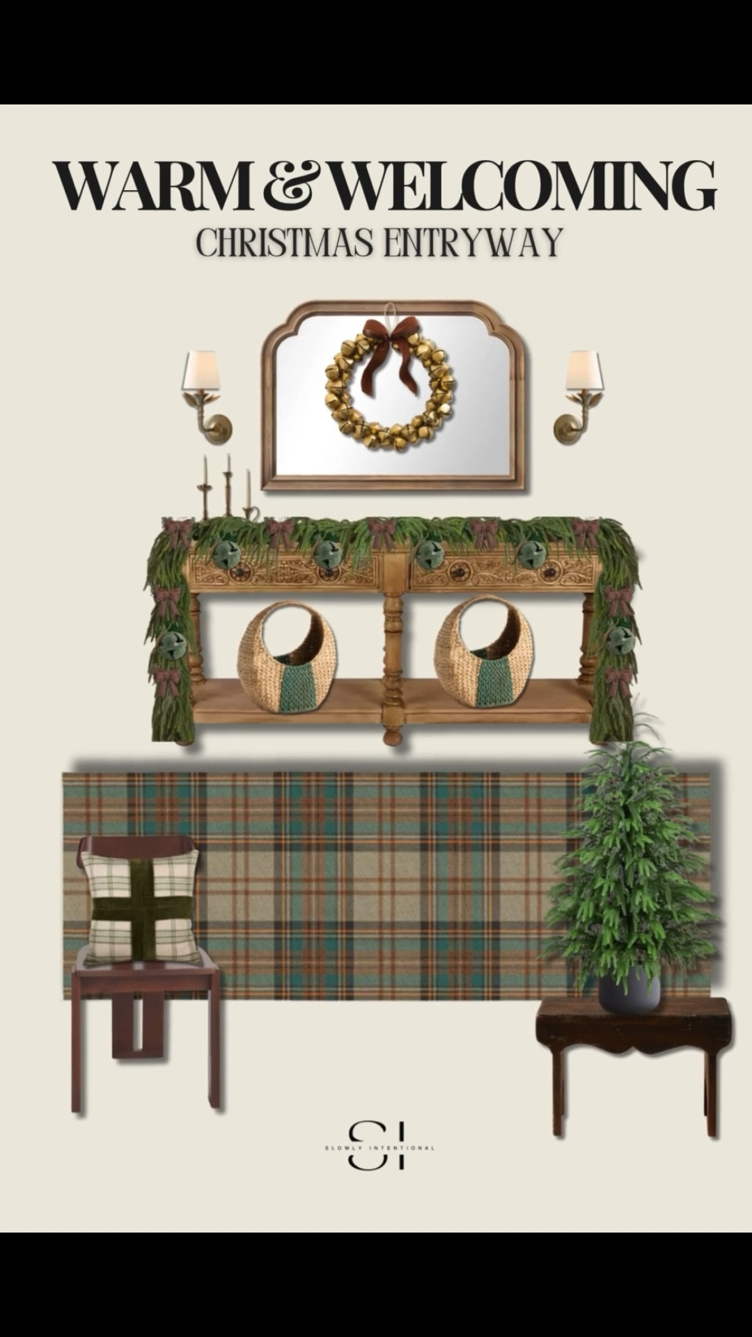 I’m bringing cozy plaid and natural greens into your holiday entryway this year! This mix of textures—wood, greenery, and a little brass—makes it feel festive but timeless. The jingle bell wreath and layered garland tie it all together for that collected, old-world charm.

#LTKSeasonal #LTKHoliday #LTKHome