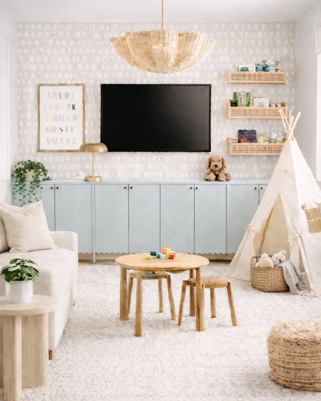 Playroom perfection 🤍✨ This neutral, modern classic kids space is cozy, functional, and designed to grow with your child for years to come.

Think soft textures, warm wood tones, and timeless pieces that work for both a playroom + teen hangout space—from the woven pendant light to the cane shelving and classic canvas teepee. The layered neutrals keep it calming while still feeling playful and inviting.

Loving the mix of:
• neutral playroom decor
• modern classic kids room
• cozy kids hangout space
• neutral kids furniture
• wooden kids table + stools
• soft textured rug
• cane wall shelves + storage
• built-in cabinet storage
• teepee play tent
• minimalist kids design
• timeless playroom ideas
• warm neutral home decor
• kids lounge / teen hangout room

This is the kind of space that works for toddlers now and transitions beautifully into a tween/teen lounge later 🤍

#LTKBaby #LTKHome #LTKKids
