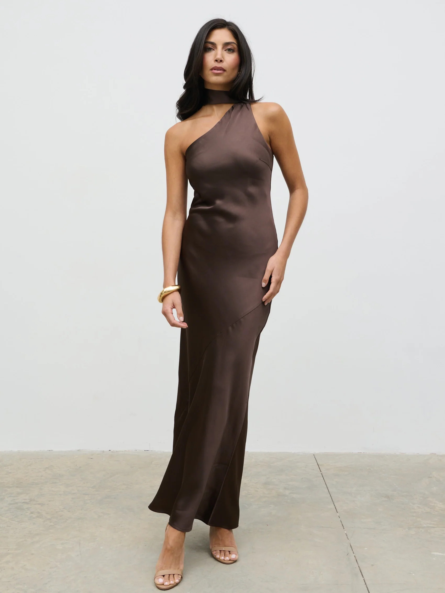 Sheree One Shoulder Sash Maxi Dress - Chocolate Brown | Pretty Lavish (UK)