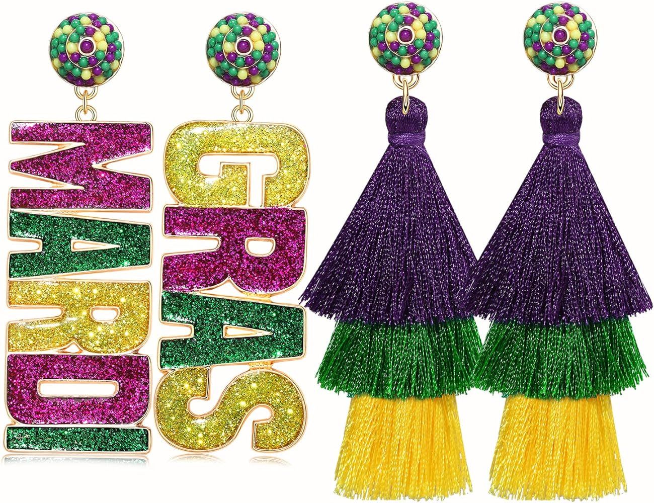 2 Pairs Mardi Gras Halloween Thanksgiving Earrings for Women Beaded Glitter Mask MARDI GRAS Fleur... | Amazon (US)
