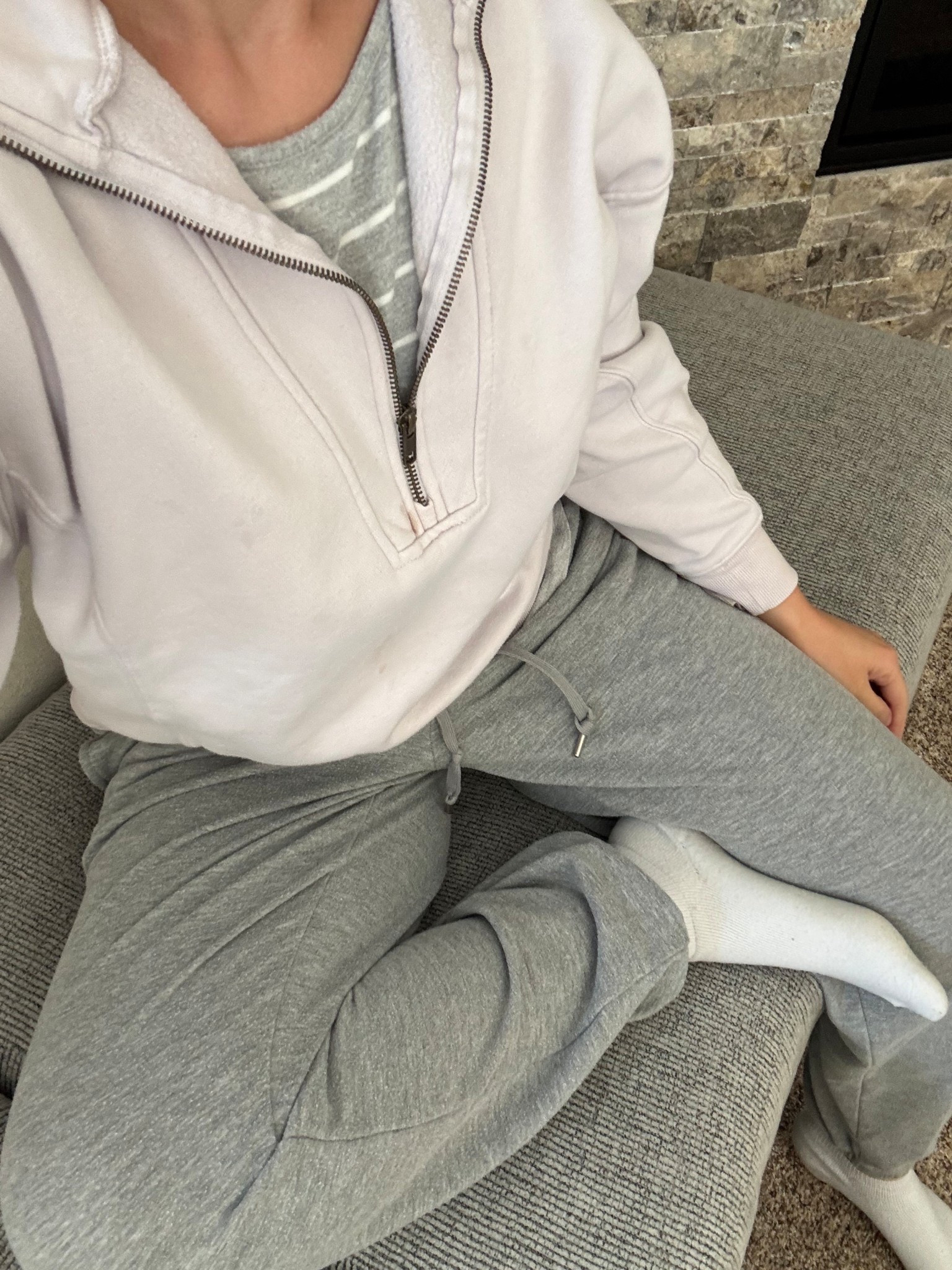 Comfy mom outfit. Comfy outfit. Mom outfit. Cozy mom outfit. Jogger sweatpants. Quarter zip. Striped tee. White socks. Mom life. Postpartum outfit. Weekend look. Lounge set. 

#LTKselfcare #LTKmomlife #LTKootd