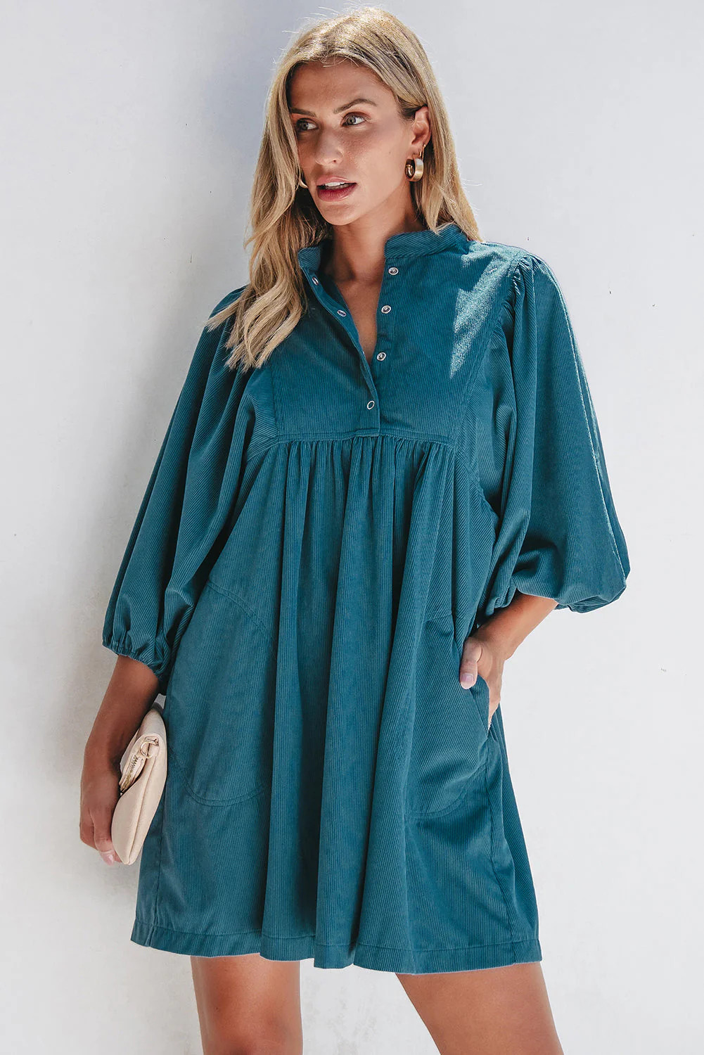 Charlie Corduroy Button Dress M - 8/10 / Blue / 100%Polyester | Casual Chic Boutique