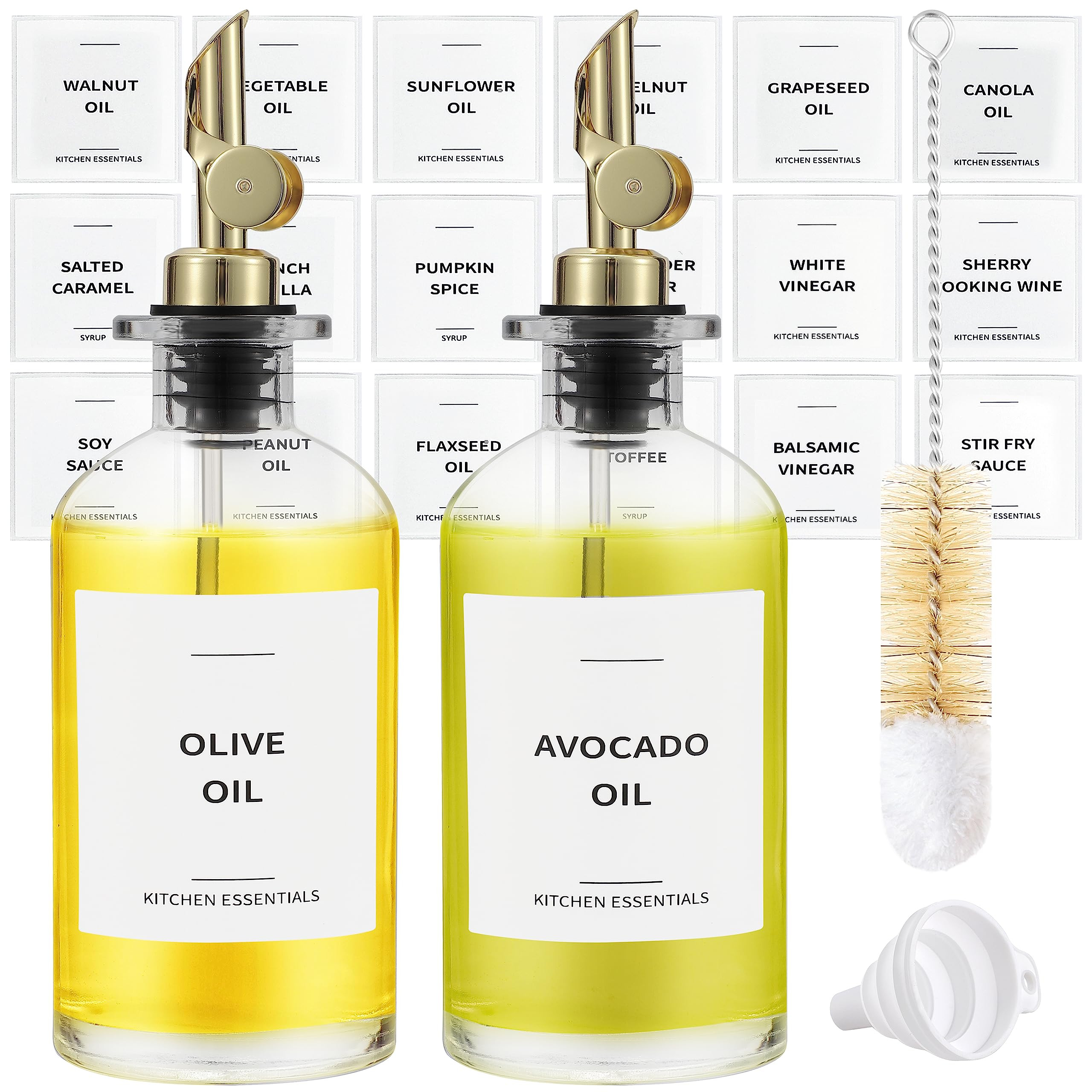 Olive Oil Dispenser Bottle - Includes 55 Kitchen Essential Labels - Cooking Oil Bottles for Kitchen, Coffee Syrup Dispenser - Pourer Spout with 11.8 fl oz Glass Container Cruet - 2pcs, Gold | Amazon (US)