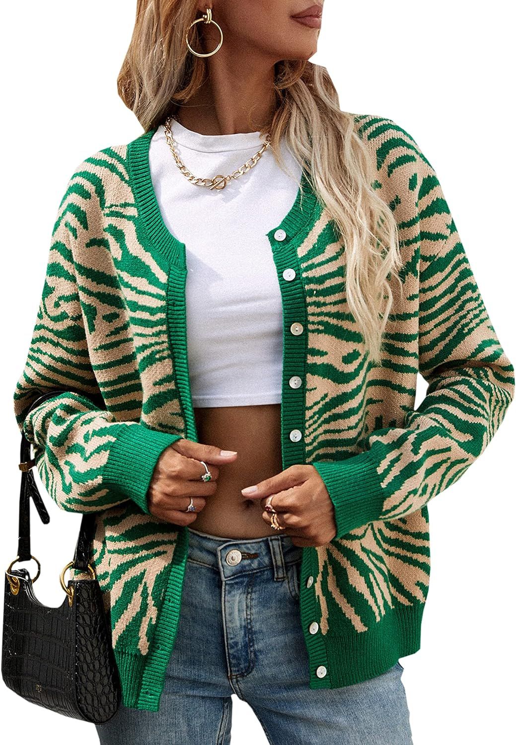 ECOWISH Women's Leopard Print Cardigans Long Sleeve Button Down Knit Oversized Cardigan Sweaters ... | Amazon (US)
