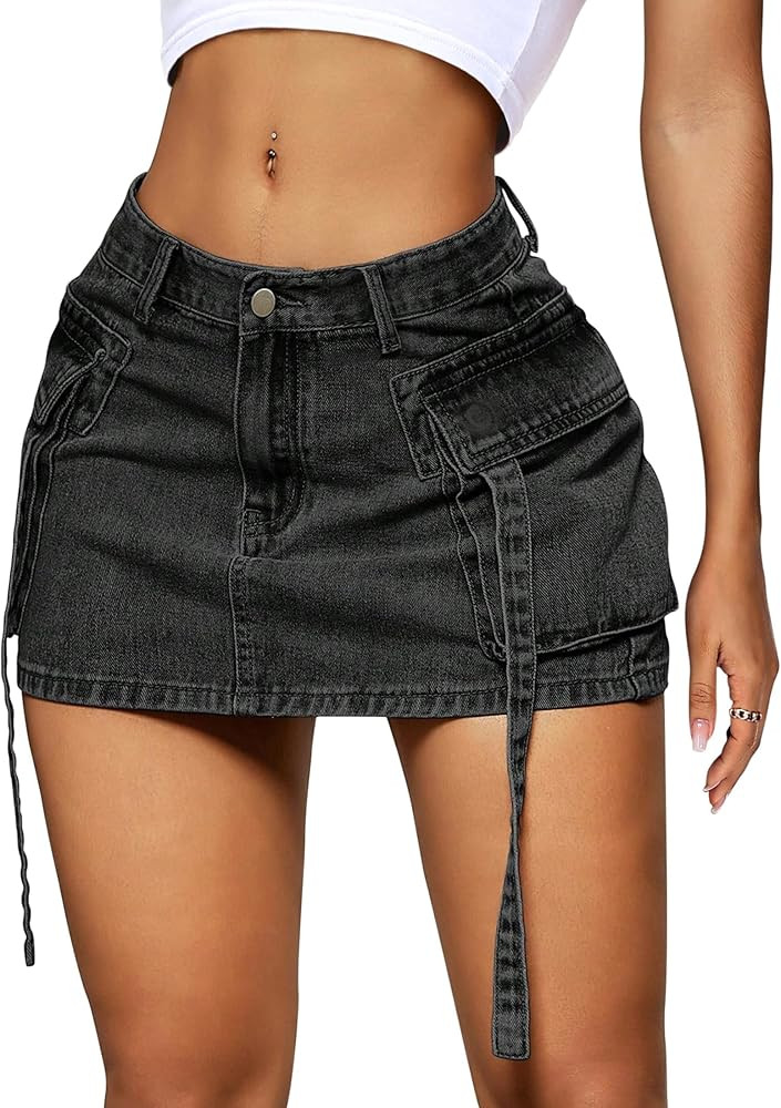 Womens Cargo Skirt Low Waist Button Denim Mini Skirt Summer Y2k Jean Skirt with Flap Pockets | Amazon (US)