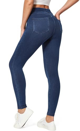 IUGA Jeggings for Women Tummy Control Stretchy High Waisted Jeans Pull on Skinny Jean Leggings with Pockets Trendy Casual Dark Blue | Amazon (US)