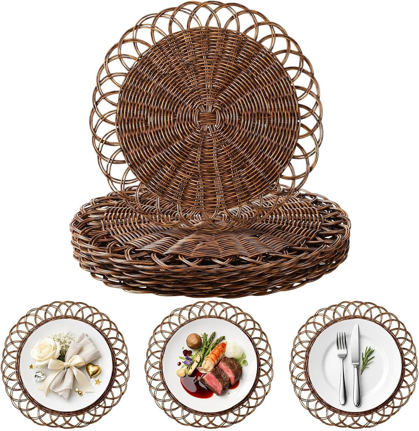 Scalloped Rattan Placemats Set of 6 Boho 15 Inch Plastic Wicker Woven Table Mats Rattan Charger Plates Washable Non Slip Place Mats for Dinner Table Setting Rustic Wedding Party Decoration | Amazon (US)