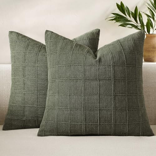 Woaboy Linen Check Throw Pillow Covers Set of 2 - Olive Green Farmhouse Modern Boho Vintage Decor... | Amazon (US)