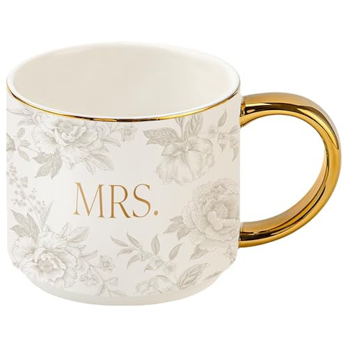 Sweet Water Decor Mrs Mug, 14oz Fine Bone China Coffee Cup with Gold Handle and Grey Delft Pattern, Bridal Shower Gift for Wedding Bride, Engagement & Newlyweds | Amazon (US)